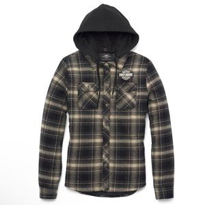 Harley Women's Bar & Shield Flannel Shirt Jacket w/ Removable Hood Plaid XS